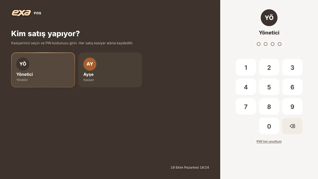 "Kim satış yapıyor?" ekranı: kasiyer kartları ve PIN tuş takımı
