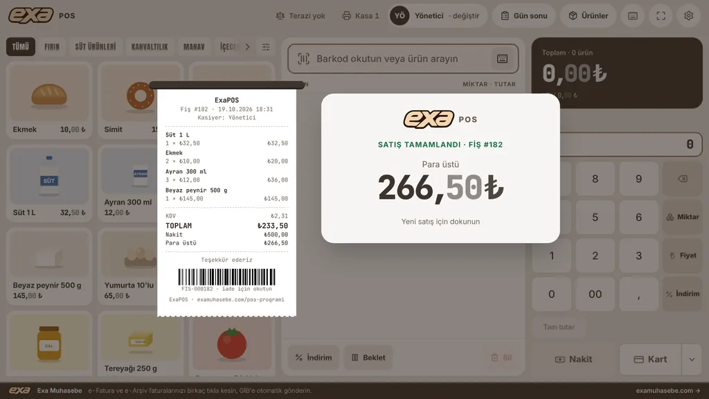 Satış tamamlandı: fiş önizlemesi ve para üstü ₺266,50