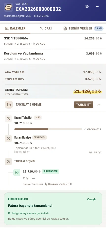 Mobilde fatura detayı: kalemler ve genel toplam