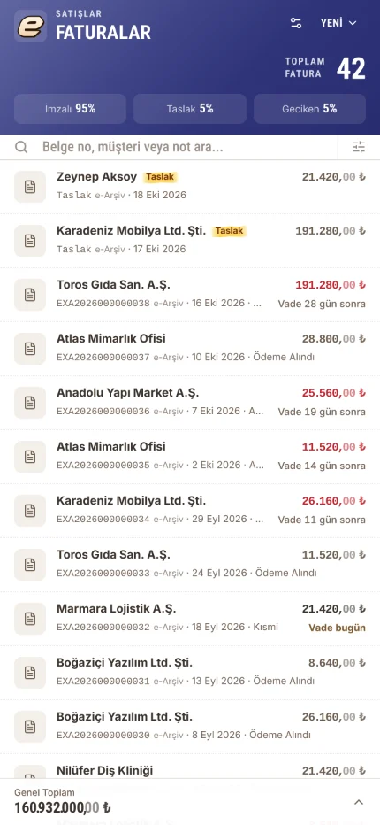 Mobilde satış faturaları listesi ve tahsilat durumları